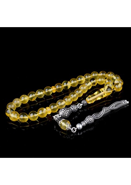 925 Ayar Gümüş Püsküllü Küre Kesim Damla Kehribar Tesbih