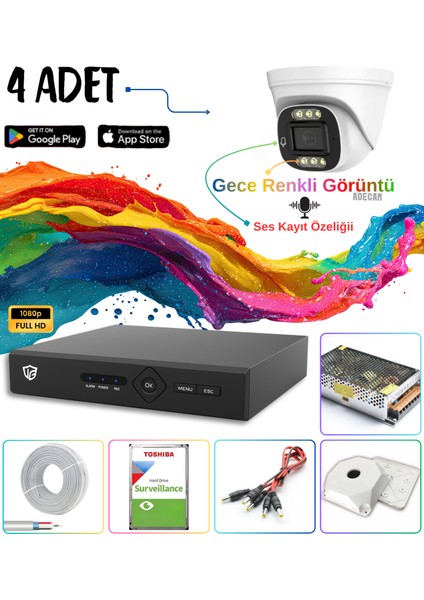Adecam 4 Lü Full Hd Ahd Güvenlik Kamera Sistemi + 30 Gün Kayıt, cepten izleme - Gece Renkli & Sesli Set