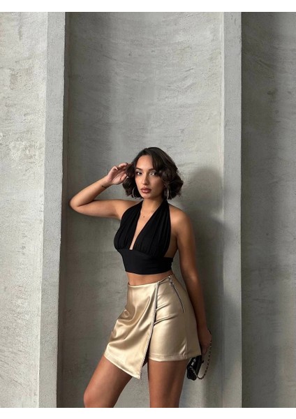 Taşlı Şort Etek Deri Gold H240018 fiyatları