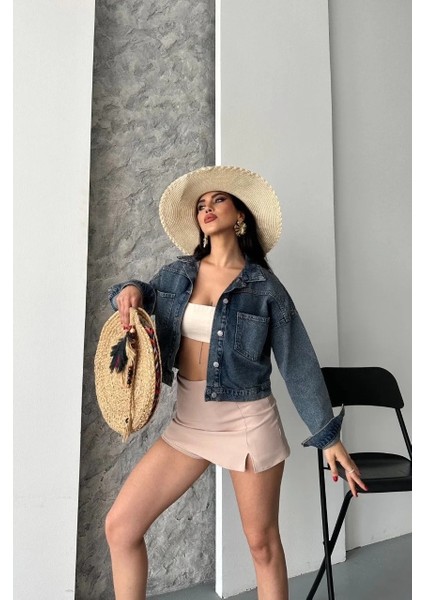 Çift Cepli Kol Katlamalı Kar Yıkama Crop Kot Ceket Kahve Tint D2000 fiyatları