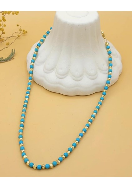 Turkuaz Boncuklu Gold Dorika Kolye