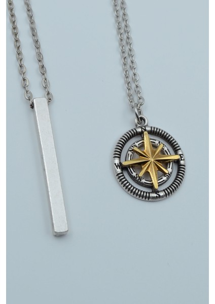 2'li Çubuk Prizma Pusula Kutup Yıldızı Gümüş Kaplama Kolye Seti