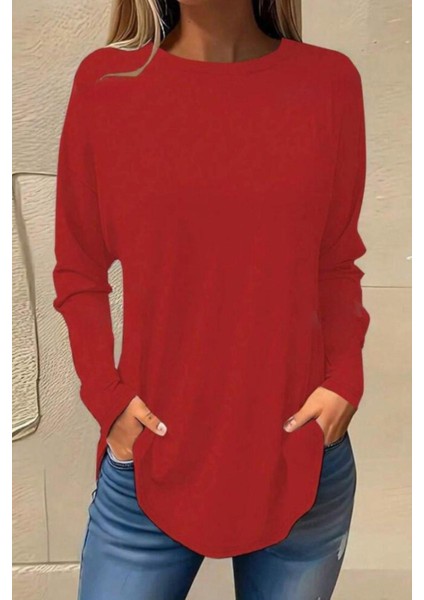 Uzun Kollu Yuvarlak Yaka Bluz - Kırmızı modelleri