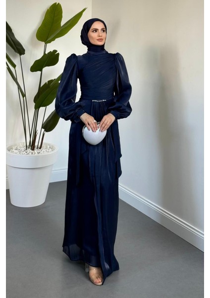 Cleane Beli Taşlı Ja Jan Abiye Lacivert