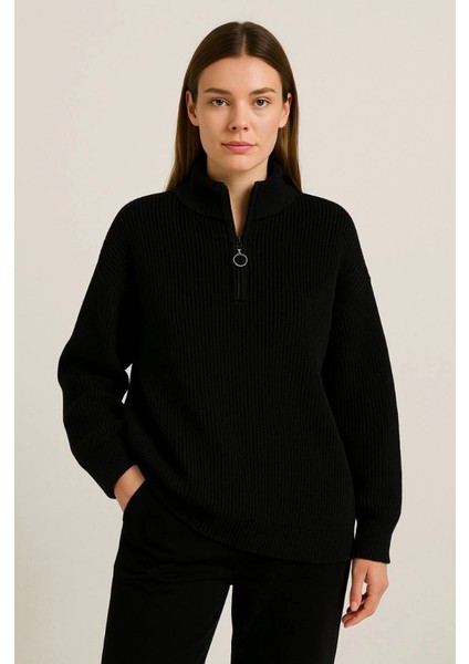 Kadın Yarım Fermuarlı Triko Kazak – Selanik Örgü, Dik Yaka, Pamuklu Dokuma, Oversize Uzun Koll