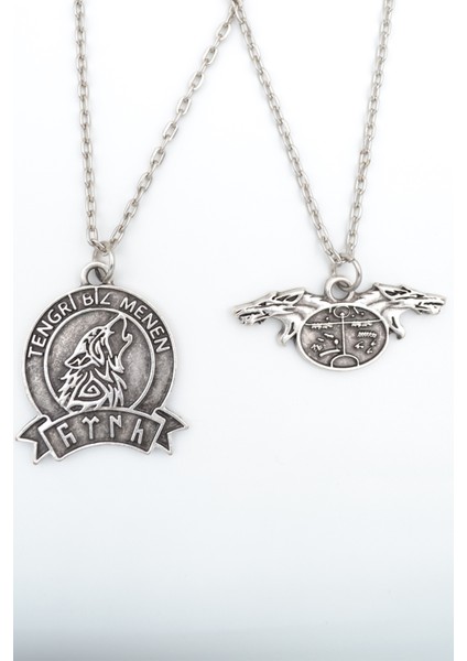 2'li Kam Şaman Davulu - Tengri Biz Menen Bozkurt Gümüş Kaplama Kolye Seti