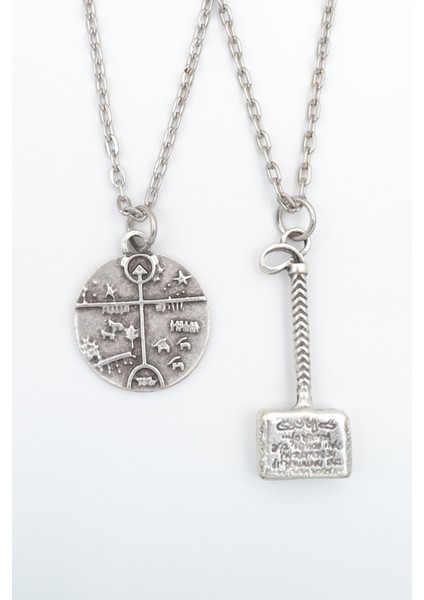 2'li Kam Şaman Davulu - Thor Çekiç Gümüş Kaplama Kolye Seti