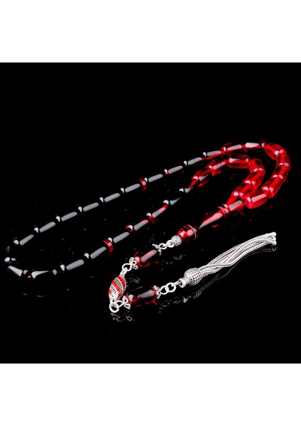 Süzme Renk Kapsül Kesim 925 Ayar Gümüş Mineli Püsküllü Ateş Kehribar Tesbih