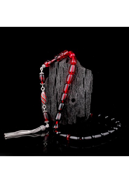 Süzme Renk Kapsül Kesim 925 Ayar Gümüş Mineli Püsküllü Ateş Kehribar Tesbih modelleri