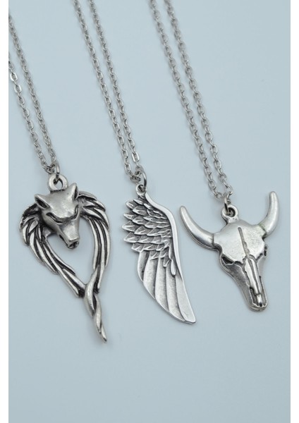 3'lü Anubis Büyük Kanat Buffalo - Boğa Gümüş Kaplama Kolye Seti