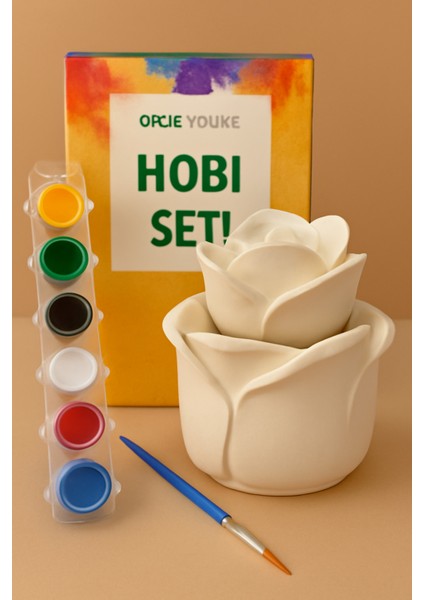 Gül Figürlü Boyama Seti – Yaratıcı Hobi Seti (6 Renk Boya ve Fırça Dahil)