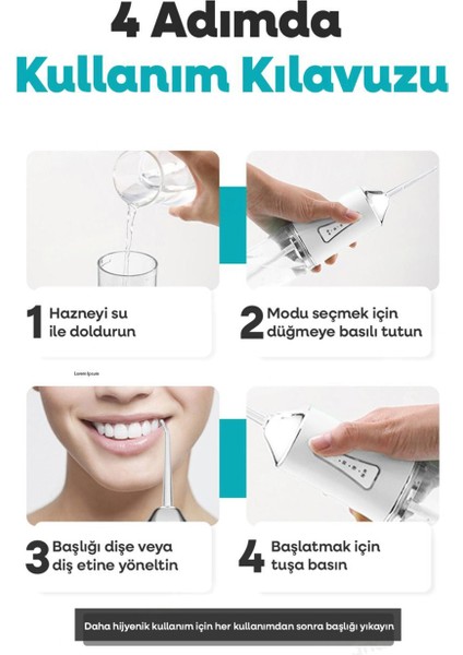 Şarjlı Taşınabilir Ağız Duşu, 3 Mod, 4 Başlık, Diş Arası Temizleyici Seyahat Dostu fiyatları