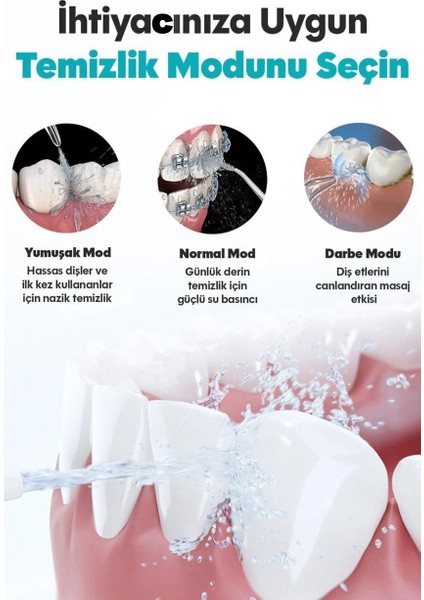 Şarjlı Taşınabilir Ağız Duşu, 3 Mod, 4 Başlık, Diş Arası Temizleyici Seyahat Dostu