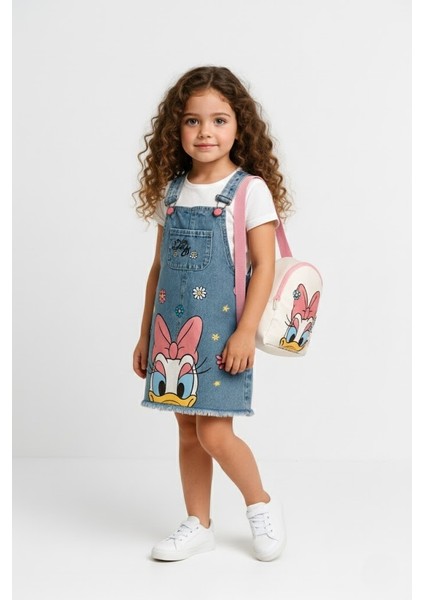 Kız Çocuk Kot Jile Salopet Elbise | Sevimli Ördek Tasarımlı Denim Model – Çanta Hediyeli