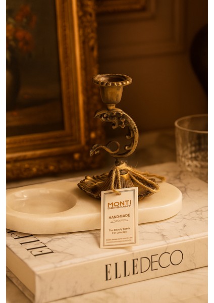 El Yapımı Mermer Taşlı Bronz Mumluk