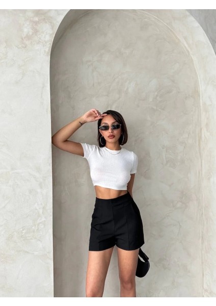 Yüksek Bel Parçalı Double Kumaş Şort S25312