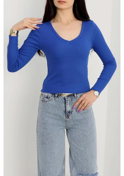 V Yaka Kaşkorse Bluz Saks Mavisi A3699