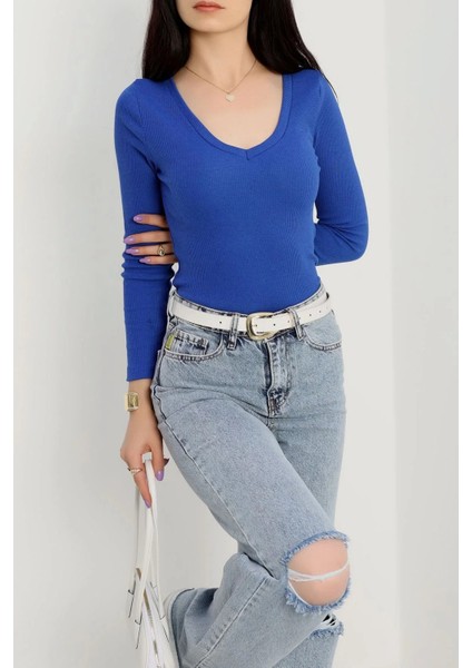 V Yaka Kaşkorse Bluz Saks Mavisi A3699 modelleri