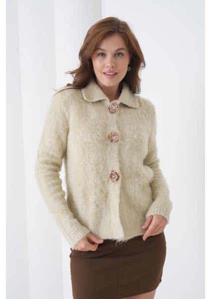 Kadın Polo Yaka Taşlı Gül Düğme Detaylı Bürümcük Yumuşak Dokulu Triko Ceket indirimleri