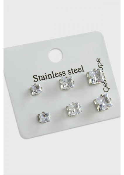 6 Adet Kare Zirkon Tek Taşlı Çelik Küpe