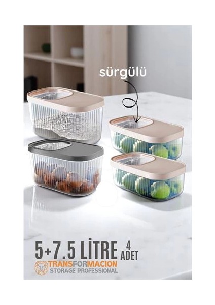 Erzak Bakliyat Kutusu Sürgülü Kapak Saklama Kabı 5 ve 7.5 Litre 4 Lü