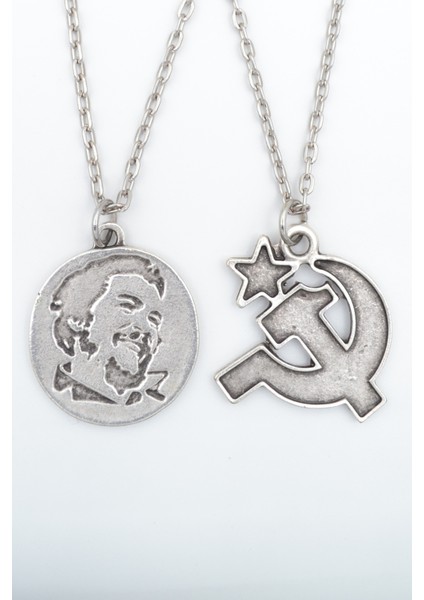 2'li Che Guevare Madalyon - Orak Çekiç Gümüş Kaplama Kolye Seti