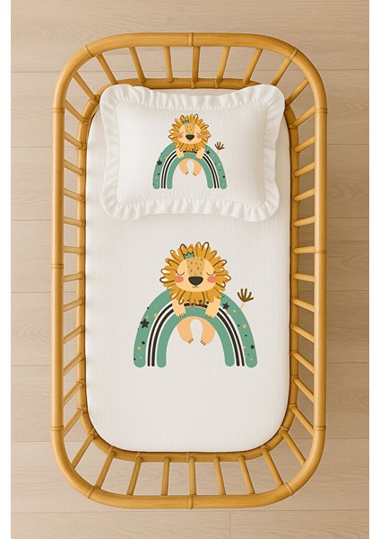 Aslan ve Gökkuşağı Temalı Bebek Nevresim Takımı Içi Dolgulu Fırfırlı Yastıklı Unisex Tasarım