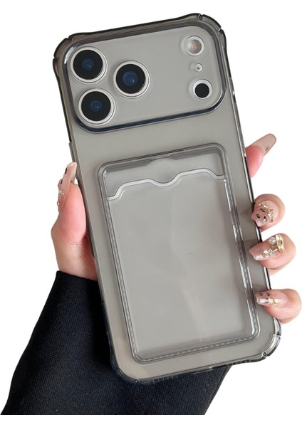 Apple iPhone 17 Pro Max Kılıf Kartlıklı Anti Şok Korumalı Şeffaf Silikon Füme Koyu Şeffaf