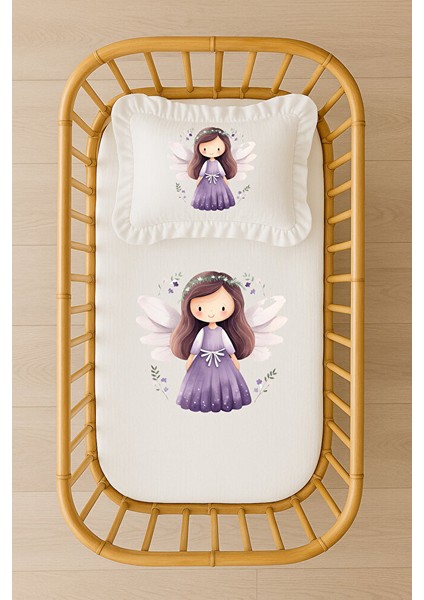 Mor Elbiseli Melek Kız Illüstrasyonlu Bebek Nevresim Takımı Içi Dolgulu Fırfırlı Yastıklı