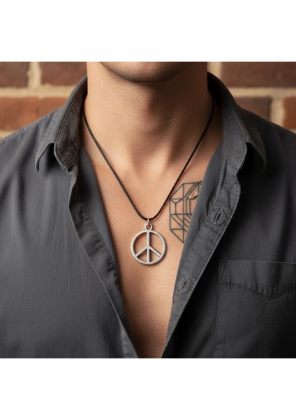 Peace Barış İşareti Gümüş Kaplama Deri İp Kolye