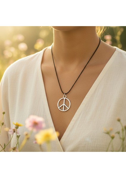 Peace Barış İşareti Gümüş Kaplama Deri İp Kolye fiyatları