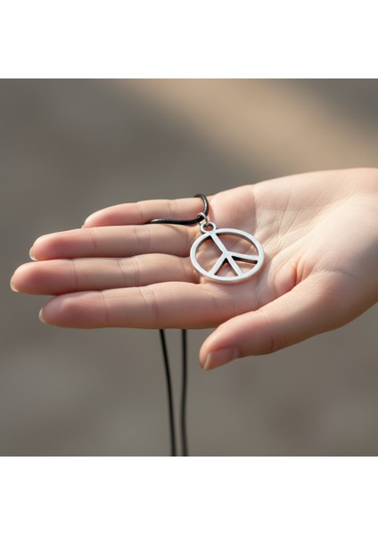 Peace Barış İşareti Gümüş Kaplama Deri İp Kolye indirimleri