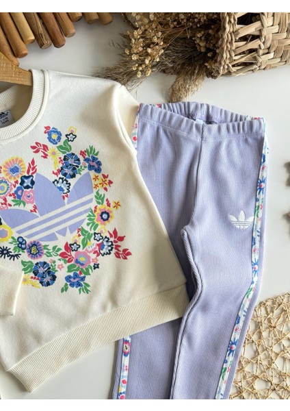 Çiçek Desenli Lila Kız Çocuk Takımı – Sweatshirt & Tayt Alt, 2–8 Yaş modelleri