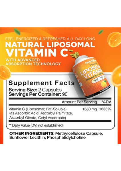 Premium Liposomal Vitamin C 1650MG - 180 Caps: High-Absorption High Dose Vitamin C.made In Usa. fiyatları