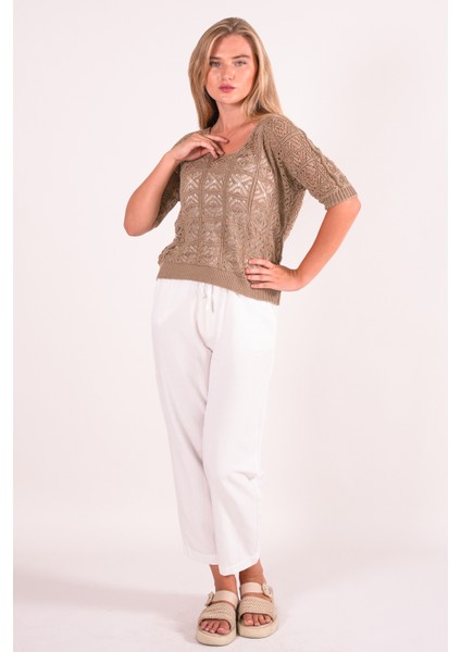 Triko Bluz Yazlık Kazak Dantel Ajurlu Etnik Desenli Yarasa Kollu Kayık Yaka Pareo Kadın Bluz