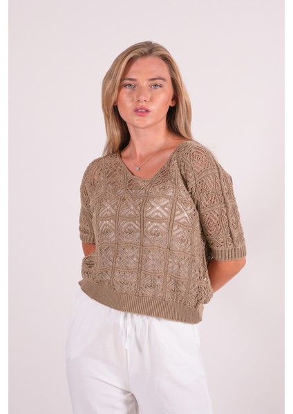 Triko Bluz Yazlık Kazak Dantel Ajurlu Etnik Desenli Yarasa Kollu Kayık Yaka Pareo Kadın Bluz fırsatları