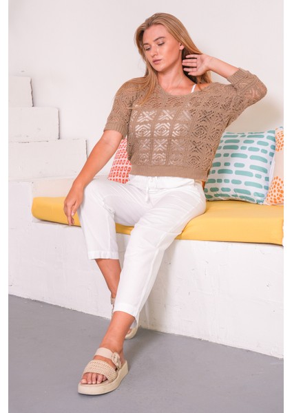 Triko Bluz Yazlık Kazak Dantel Ajurlu Etnik Desenli Yarasa Kollu Kayık Yaka Pareo Kadın Bluz