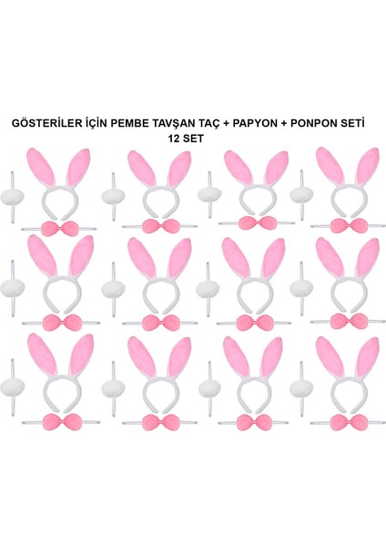 Pembe Tavşan Kostüm Seti – Taç, Papyon, Ponpon (12’li Paket)
