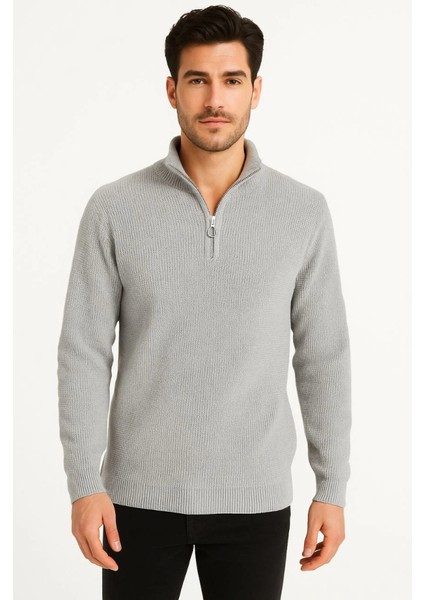 Erkek Yarım Fermuarlı Triko Kazak – Selanik Örgü, Dik Yaka, Pamuklu Dokuma, Regular Fit Uzun K fırsatları