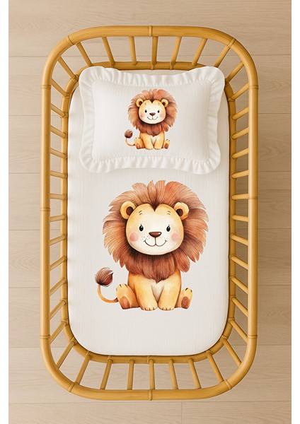 Aslan Figürlü Isimli Bebek Nevresim Takımı 70×120 – %100 Akfil Kumaş – Içi Dolgulu Fırfırlı Yastıklı