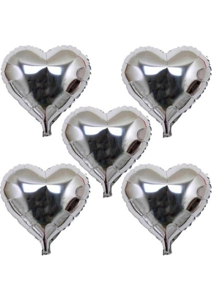 Kalp Şeklinde Folyo Balon 5 Adet 45 cm Gümüş Renk