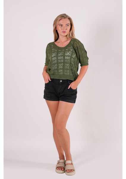 Triko Bluz Yazlık Kazak Dantel Ajurlu Etnik Desenli Yarasa Kollu Kayık Yaka Pareo Kadın Bluz