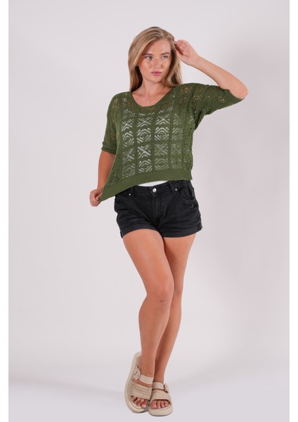 Triko Bluz Yazlık Kazak Dantel Ajurlu Etnik Desenli Yarasa Kollu Kayık Yaka Pareo Kadın Bluz fırsatları