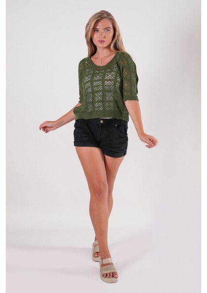 Triko Bluz Yazlık Kazak Dantel Ajurlu Etnik Desenli Yarasa Kollu Kayık Yaka Pareo Kadın Bluz indirimleri