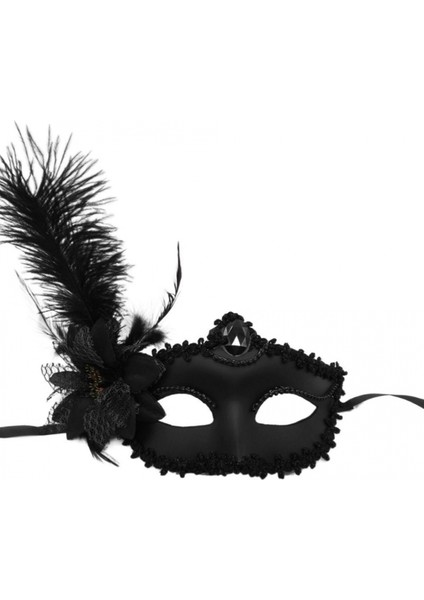 Siyah Mat Renk Yandan Tüylü Güllü Parti Balo Venedik Maskesi modelleri