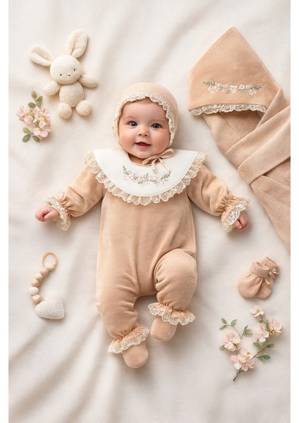 Kız Bebek Yeni Doğan 0-3 Ay Çiçek Nakışlı 5li Hastane Çıkışı Premium Set (Niperrland Triko)