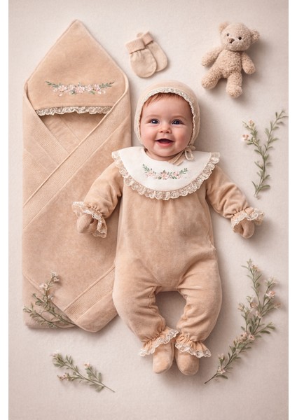 Kız Bebek Yeni Doğan 0-3 Ay Çiçek Nakışlı 5li Hastane Çıkışı Premium Set (Niperrland Triko) fiyatları