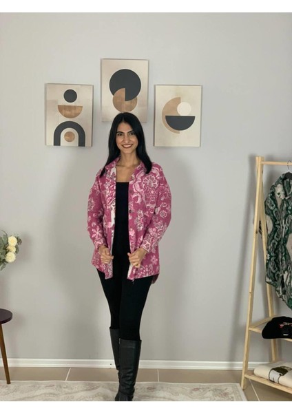 Kadın Tek Cepli Desenli Kalın Oduncu Ceket Gömlek (Pembe) Standar