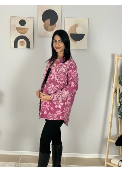 Kadın Tek Cepli Desenli Kalın Oduncu Ceket Gömlek (Pembe) Standar