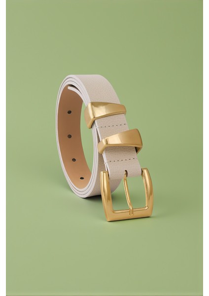 Asimetrik Gold Köprülü Ekru Kadın Kemer